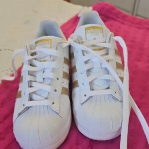 adidas Kids White Sneakers with Gold Three Stripes